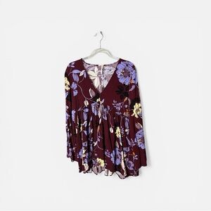 Free People Bella Purple Floral Bell Sleeve Womens Top Sz L